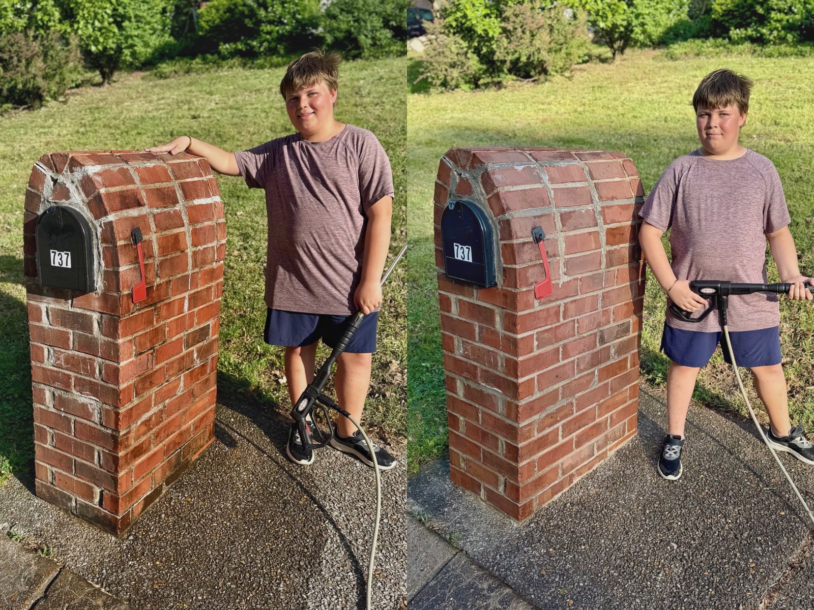 Side-by-side of a brick mailbox before and after Shepherd cleaned it, with brighter mortar visible on the after side.