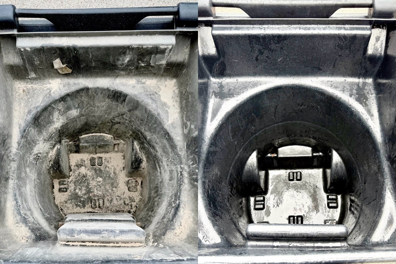Side-by-side comparison of a trash can interior before and after pressure washing. The left half is caked with gray residue; the right is clean black plastic.